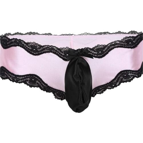 Sissy Lace Briefs Sexy Mens Lingerie Lacework Bikini Briefs Underwear Underpants with Bulge Pouch Satin Underpants Gay Sleepwear