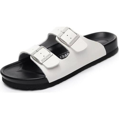 Summer Womens PU Leather Mule Clogs Slippers High Quality Soft Cork Two Buckle Slides Footwear For Women Sandals Men Unisex 46