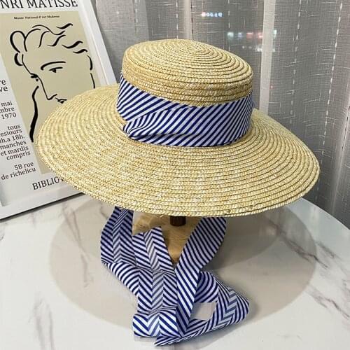 Womens Summer Hat Sun Protection Cap Female Flat Top Wide Brim Hat Ribbon Decoration Straw Hat Beach Sun Hat With Chin Strap