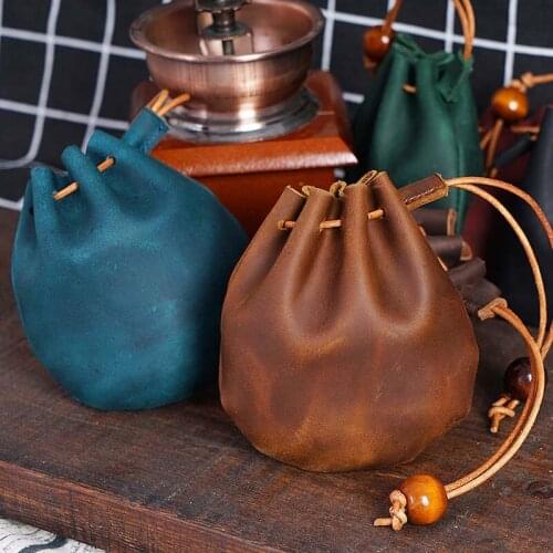 Vintage Handmade Crazy Horse Leather Small Unisex Coin Purse Cow Leather Coins Money Pocket Retro Wallet Drawstring Storage Bag