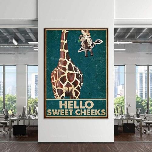Vintage green giraffe hello sweet cheek decoration print canvas home wall poster
