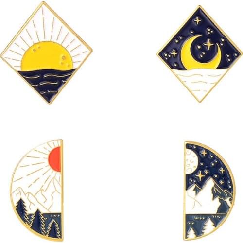 Art Landscape Lapel Pins Cartoons Badges Sun Moon Enamel Brooches For Women Fashion Hijab Pins Cute Badges Jewelry On Backpack