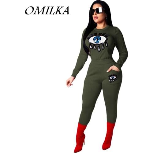 OMILKA 2018 Autumn Winter Women Long Sleeve O Neck Sequin Printed Sweatshirt and Long Pant Set Casual Club 2 Piece Tracksuit Set