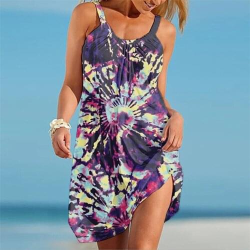 LONGTIME Yellow Purple Graffiti Flowers Fashion Summer Sleeveless Ladies Street Dress