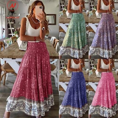 Bohemian Style Women Summer A-Line Dress for Holiday Shrinkage Design Elastic High Waist Flower Print Casual Long Skirts