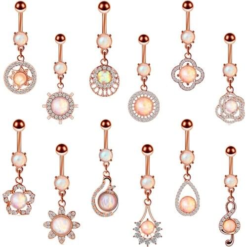 1pcSurgical Steel Opal Belly Button Ring Set Crystal Flower Belly Ring Cute Lotus Navel Piercing Ring Dangle Sexy Pircing Umbigo