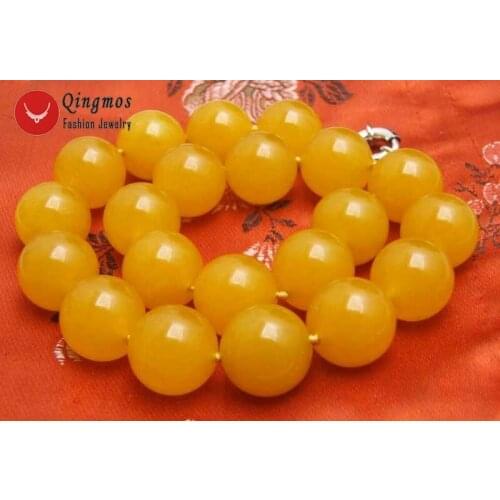 14mm Round Natural Yellow Jade Necklace for Women 17" Chokers Stone Jewelry