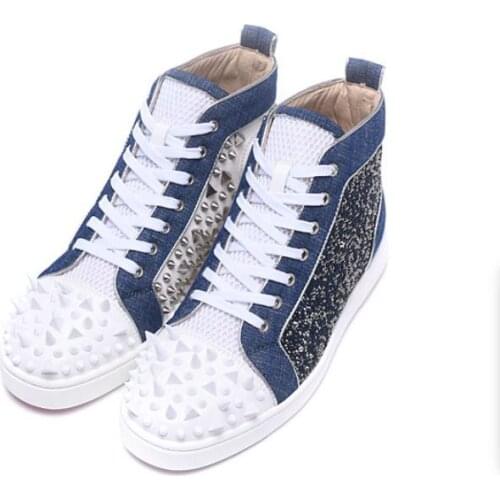 2020Handmade White Glitter Diamond Shoes Mens miscellaneous nail Spike Super Luxury Fashion Shoes Party Smoke Lace Up men Flats