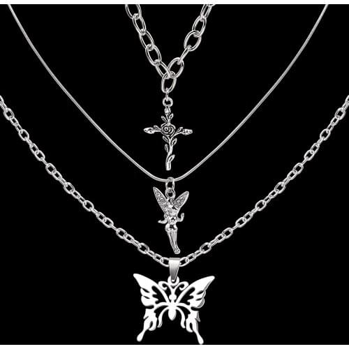 3pcs/set Multi Layered Necklace Pendants Butterfly Angel Cross Rose Charms Pendant Necklace for Women Hip Hop Jewelry Cute Girls