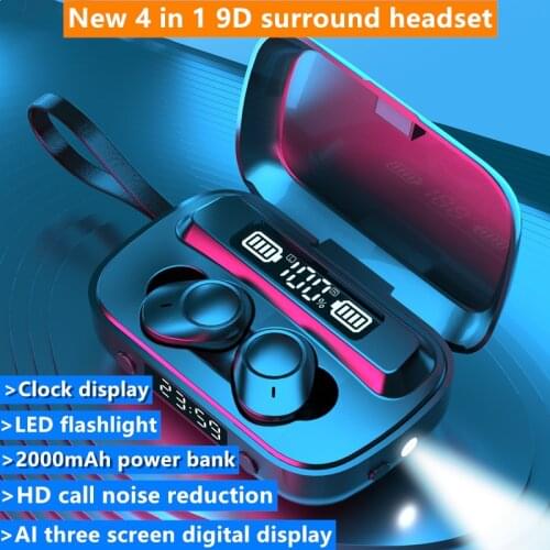 4 in 1 TWS Bluetooth Headphones 9D Stereo True Wireless Headphone Earbuds In Ear Handsfree Earphones HD call LED light powerbank
