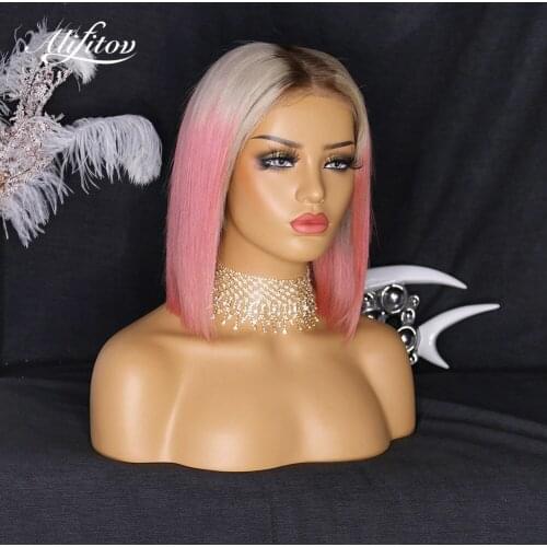 ALIFITOV Ombre Pink Lace Front Wigs Short Bob Wig Pre-Plucked Remy Hair Human Hair Wigs with Dark Roots & Baby Hair