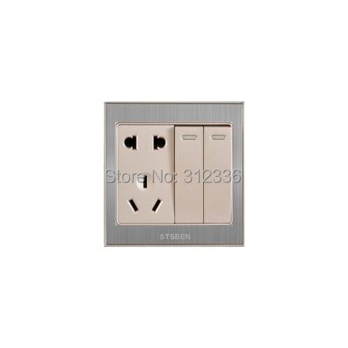 Free shipping international standard 5 Holes Socket with DOUBLE switch 10A Wall Outlet Power champagne gold wall switch