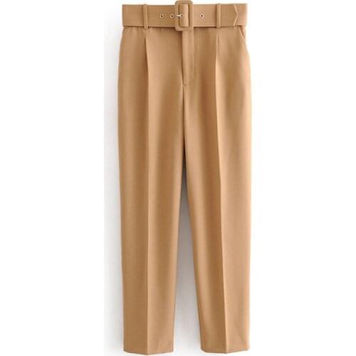 2021 Woman Career Pant Office Lady Traf Straight Pants Belt Casual Ankle Length Women Trousers Female