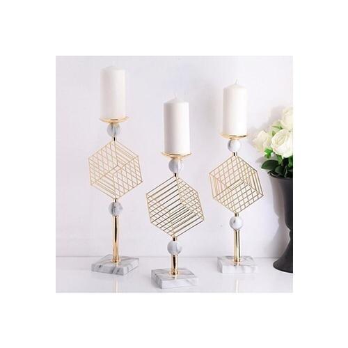 Krm Marble Pattern Metal Pedestal Cube Candlestick 3'lü