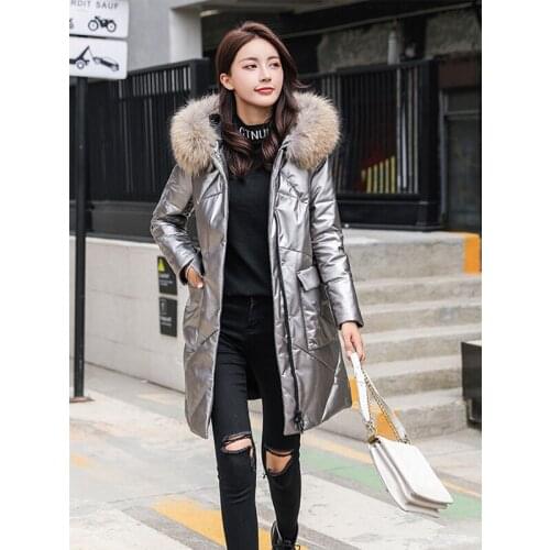 2020 Winter Genuine Leather Jacket Women Hooded Sheepskin Coat Big Raccoon Fur Collar Real Leather Down Jackets 1066-13 KJ3376