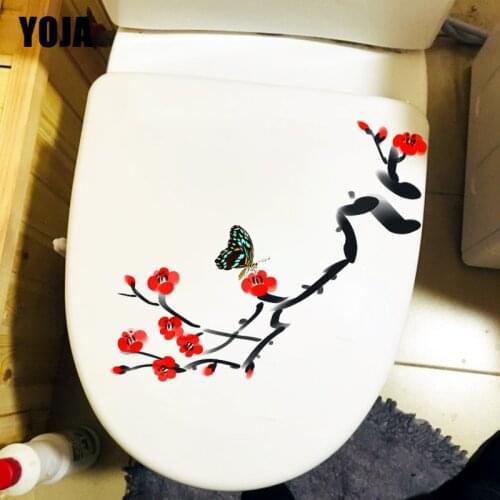 YOJA 19.9X20.6CM Red Plum Blossom Butterfly Home Room Decor WC Toilet Sticker Classic Wall Decal T1-2233