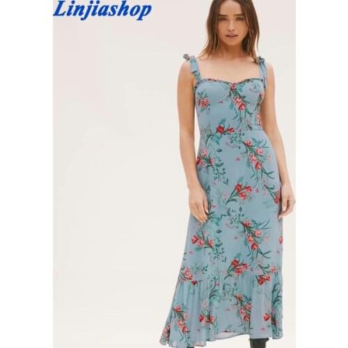 Summer Fashion Dress Tide New 2021 Square Collar High Waist Ruffles Long Sleeve Printing Sling Midi Dress