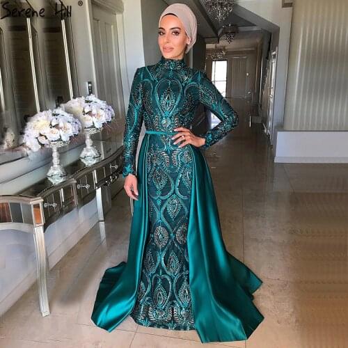 Serene Hill Muslim Green Evening Gowns 2020 Long Sleeves Mermaid Party Wear Dresses For Women Dress Sequin Plus Size LA70758