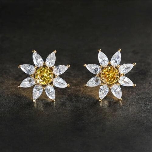 Cute Female Round Yellow Crystal Earring Classic Gold Color Wedding Earrings Charm Zircon Flower Small Stud Earrings For Women
