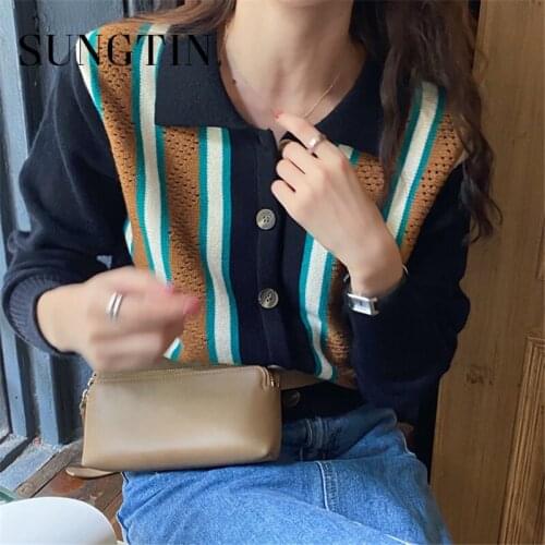 Sungtin Turn Down Collar Striped Pullover Sweater Women Color Block Sweater Loose Female Knitted Jumpers Stripe Korean Fashion