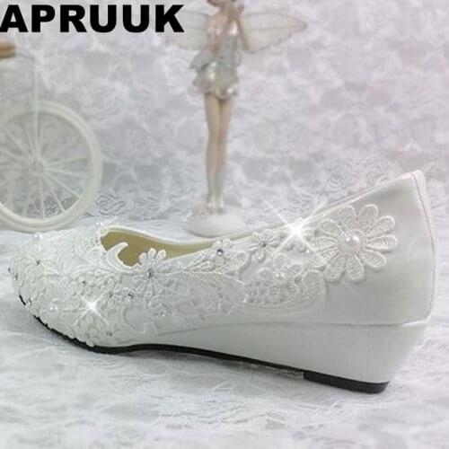 3CM wedges heel wedding shoes brides white light ivory lace womans party dance shoe bridal dress pumps wedges shoes