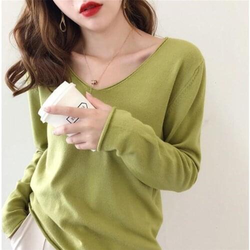 Women Korean Style Sweaters Long Sleeve V Neck Solid Color Ladies Sweet Jumper Pullover Pull Femme 2020