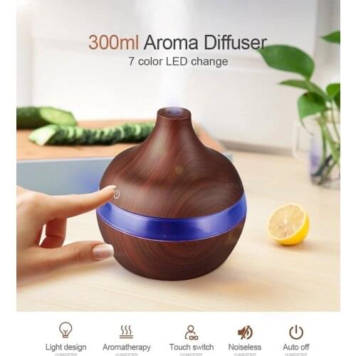 300ml USB Ultrasonic Car Humidifier Wood Grain 7 Color LED Light Essential Oil Diffuser for Home and Office