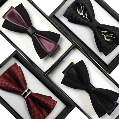 High Quality Fashion Mens Bow Ties for Wedding Double Fabric PU Leather Diamond Bowtie Club Banquet Butterfly Tie with Gift Box