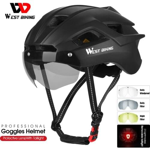 WEST BIKING Cycling Helmet With Taillight Goggles Sun Visor Lens Safety Helmet MTB Road Bike Adjustable Men Women Bicycle Helmet