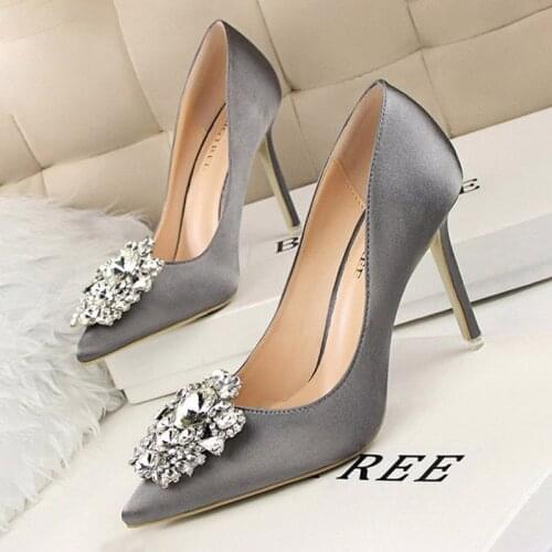 Women Satin Bling Bling Rhinestone Pointed Toe Low Cut Pumps Stiletto High Heels Ladies Wedding Party Shoes
