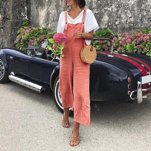 Female Fashion Pleated Overalls Casual Loose Straight Pants Autumn Spring Solid Color Cotton Linen Tank Jumpsuits Plus Size