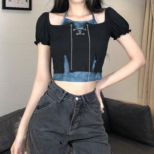 2021 summer top metal chain fake two-piece stitching contrast color halter neck womens clothing crop tops