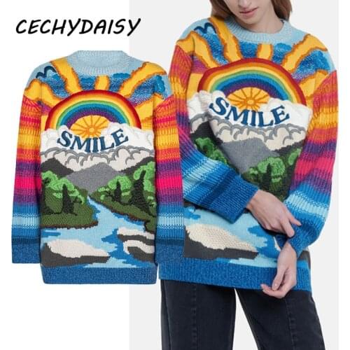 Oversized Sweater Women 2021 Fashion Rainbow Striped Embroidered Letters Knitted Pullovers Loose Casual Designer Streetwear Tops