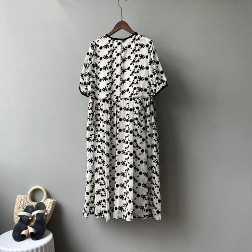 Flocking Floral Dress Women Summer New Round neck Short Sleeve Loose Long Dresses Sweet temperament women dress white dress