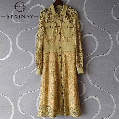 SEQINYY Fashion Shirt Dress Spring Autumn New Fashion Design Women Runway High Quality Lace Button Pockets Knee Office Lady