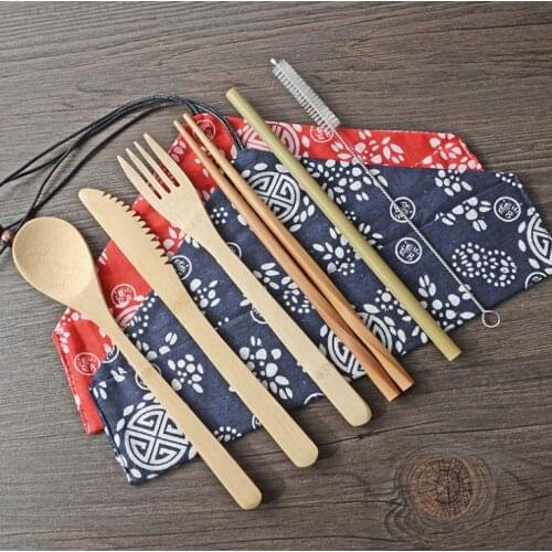 50sets Portable Knife Picnic Natural Reusable Straw Spoon Fork Chopstick Kitchen Utensil Bamboo Cutlery Set SN2449
