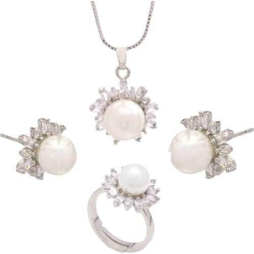 Noble Romantic White Shell Beads Bride Wedding Jewelry Set Female Flower Necklace Earrings Ring Set Dress Accessories Bridesmaid