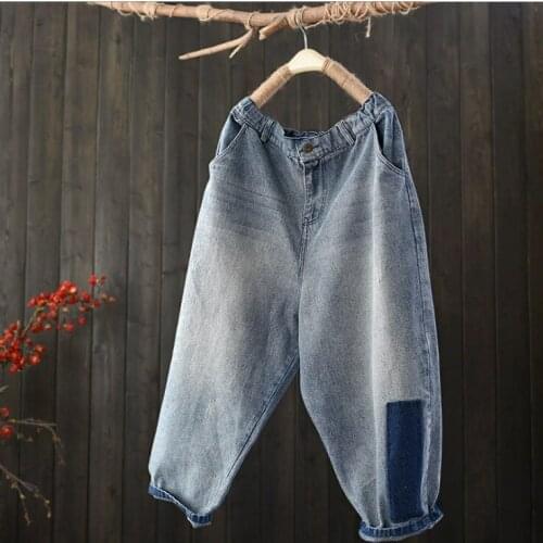 Women Spring Vintage Ripped Denim Pants Jeans Ladies Elastic Waist Zipper Pants Female Loose Denim Trousers