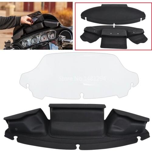 3Pockets Fairing Pouch Windshield Bag Clamps Storage Bags + 7" Transparent Tint Wave Windshield For Harley Touring Glide 14-Up