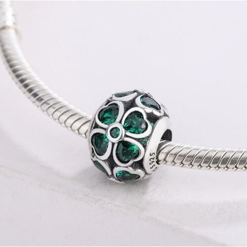 Four Leaf Clover Flower 925 Sterling Silver Green Zircon Sand Beads Pendant Charm Bracelet DIY Jewelry Making For Pandora