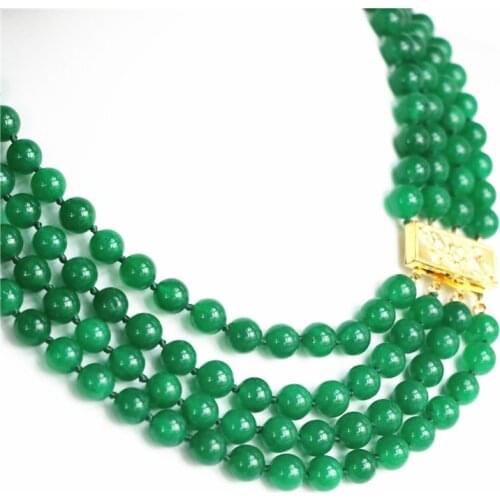 Hot free Shipping new Fashion Style diy Stunning pretty 4 rows natural jades 8mm green stone chalcedony beads necklace MY5177