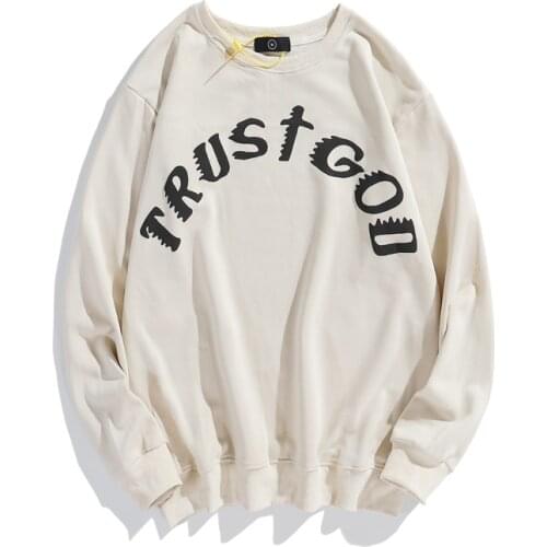 Kanye TRUST GOD Foam Letter Print Beige Terry Hoodies Men and Women Oversize Stranger Things Sweatshirt Streetwear Loose Hoody