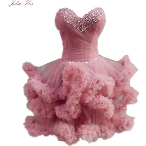 Julia Kui 12 Color Available Strapless Feather Tulle Knee-Length Cocktail Dresses Homecoming Dress Lace Up Sexy Prom Gowns