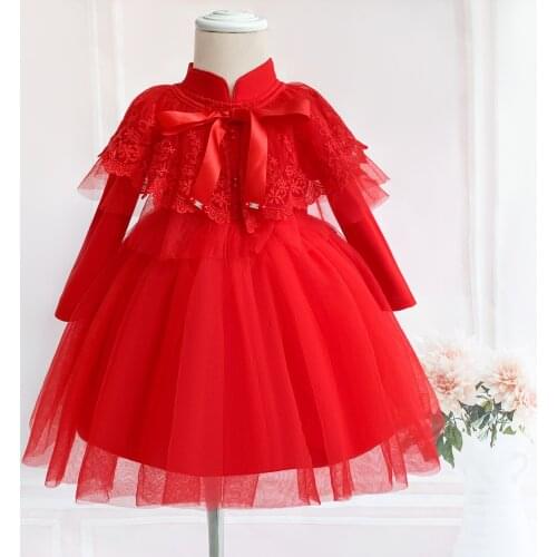 Red Lace 1 Year Baby Girl Birthday Dress Long Sleeve Baptism Princess Dress Toddler Kids Wedding Dress Newborn Christening Gown
