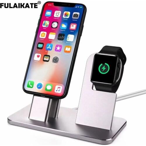 FULAIKATE for Apple Watch Series 3/2/1 Stand Metal Charge Stand for iPhone Xs Max 6/7/8 Plus Charging Dock Silver Desk Holder