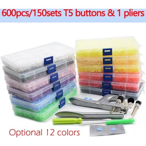 600pcs/150sets optional 12 Colors T5 Plastic Fastener Snap Resin Press Stud ,T3/T5/T8 pliers Tool Kits with box for DIY Clothes