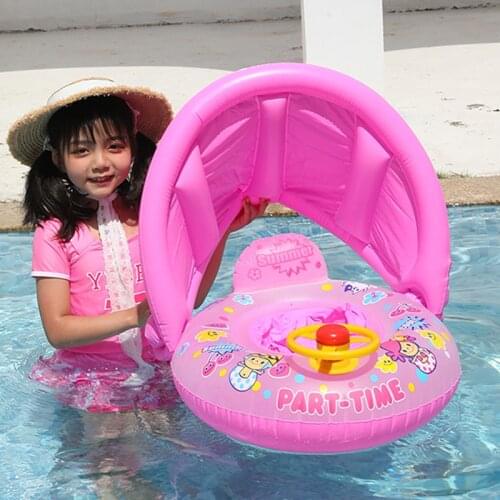 Baby Infant Float Pool Swimming Ring Inflatable Circle Baby Seat with Steering Wheel Summer Beach Party Pool Toys with Sunshade