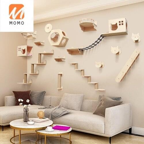 Cat Climbing Frame Wall-Mounted Solid Wood Wall-Mounted Cat Nest Jumping Platform Rope Ladder Cat Tree
