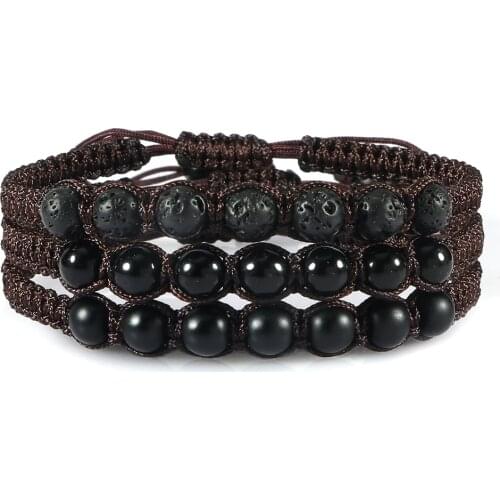Natural Stone Handmade Braided Couple Bracelet Adjustable 6mm Beaded Woven Bangles For Women Men Lava Rock Onyx Jewelry Pulseras