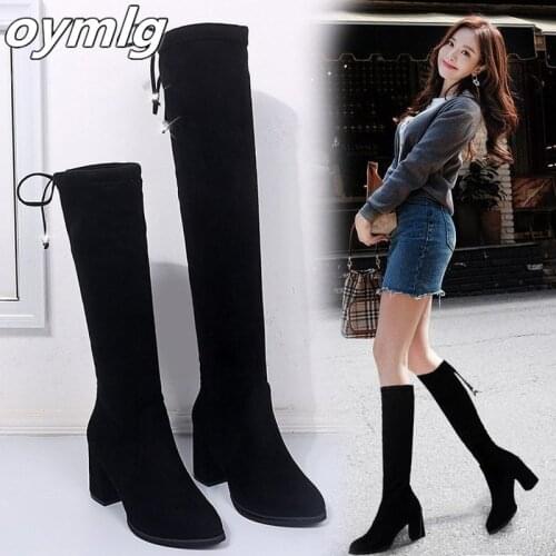New Flock Leather Women Over The Knee Boots Lace Up Sexy High Heels Women Shoes Lace Up Winter Boots Warm Size 35-40